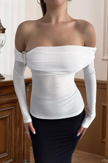 sexy slight stretch solid color off-shoulder tight see-through mesh top