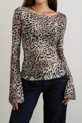 sexy slight stretch slim fit see-through mesh leopard print top