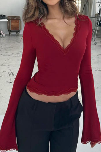 sexy slight stretch lace trim v-neck slim top