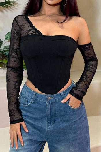 casual slight stretch one-shoulder lace stitching long-sleeved slim-fit top