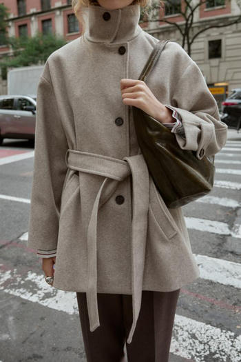 casual non-stretch tweed lapel solid color with belt jacket