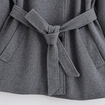 Casual non-stretch tweed lapel solid color with belt jacket