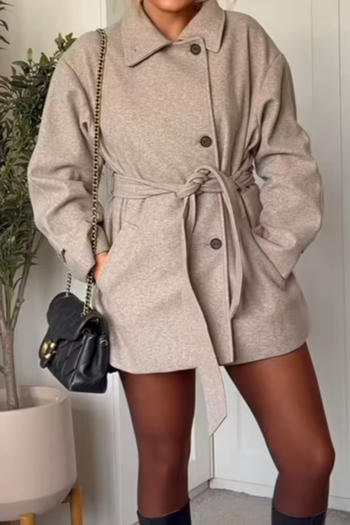 Casual non-stretch tweed lapel solid color with belt jacket