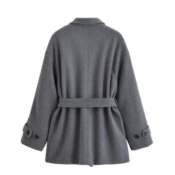 Casual non-stretch tweed lapel solid color with belt jacket