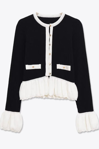 Casual slight stretch contrast color ribbed knit crew neck button sweaters