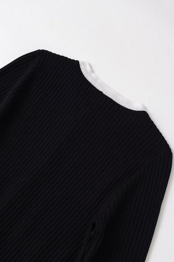 Casual slight stretch contrast color ribbed knit crew neck button sweaters