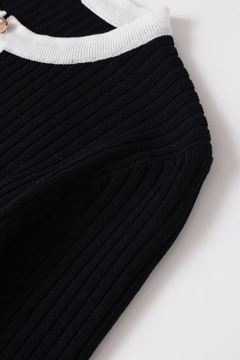 Casual slight stretch contrast color ribbed knit crew neck button sweaters