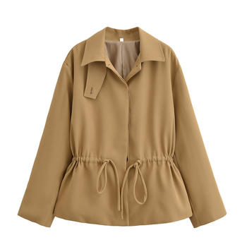 Casual non-stretch solid color lapel drawstring jacket