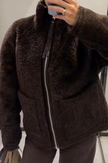 casual non-stretch fur stand collar zip-up jacket
