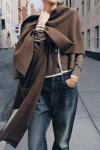 casual slight stretch ribbed knit solid color cloak