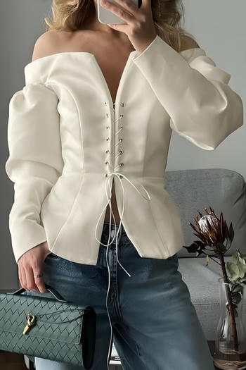 stylish non-stretch pure colour off shoulder eyelet lace-up all-match blouse