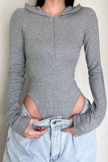 casual slight stretch 3 colors hooded zip-up bodysuit(size run small)