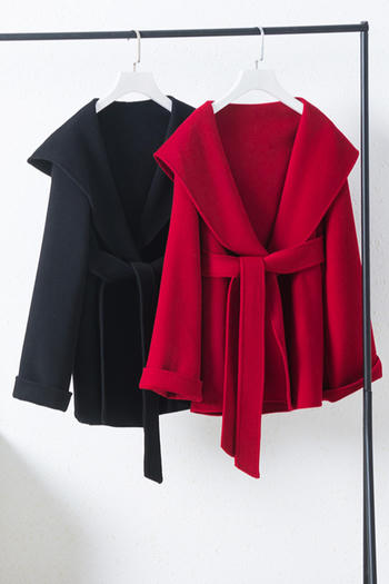 casual non-stretch solid color cashmere wool with belt hooded jacket