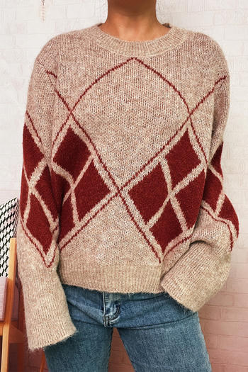 casual slight stretch knitted contrast color diamond pattern sweater