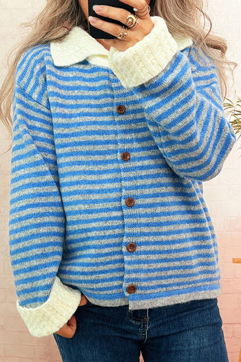 casual slight stretch contrast color stripe single-breasted knitted cardigan
