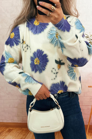 casual slight stretch jacquard floral pearls decor knitted sweater