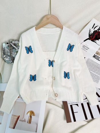 casual slight stretch embroidery butterfly knitted cardigan sling two-piece set