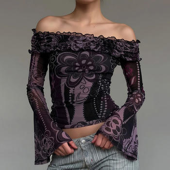 casual slight stretch lace flower batch printing off shoulder top