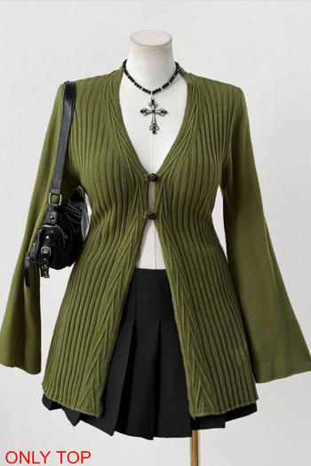 casual plus size slight stretch solid color flared sleeve knit cardigan