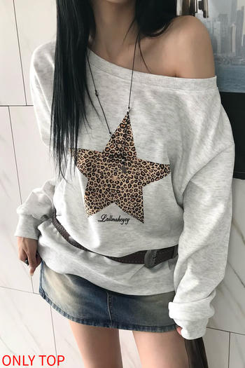 casual slight stretch leopard star printing one shoulder sweatshirts