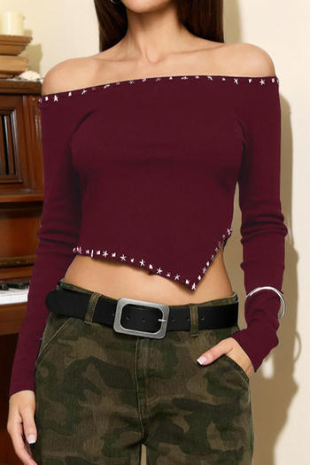 casual slight stretch solid color off-shoulder rivet decor slim fit top