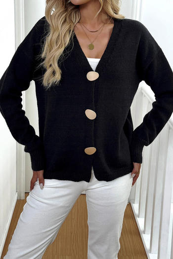 casual slight stretch v-neck solid color button sweaters