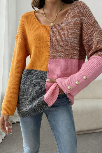 casual stretch color-block knitted button decor all-match sweater