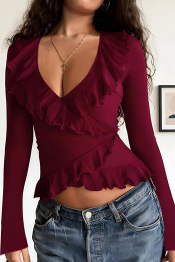 casual slight stretch solid color slim fit v-neck ruffled decor top