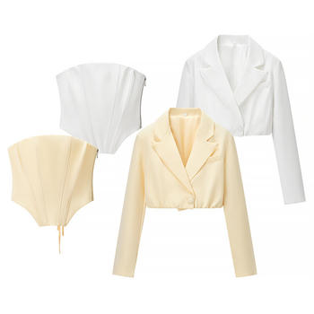 Casual non-stretch solid color suit collar two-piece top