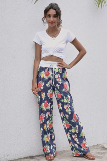 autumn new plus size two colors flower batch printing micro-elastic tie-waist wide-leg stylish casual pants