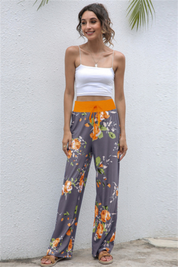 autumn new plus size flower batch printing micro-elastic tie-waist wide-leg casual stylish pants