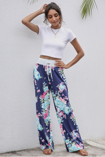 autumn new plus size two colors floral batch printing micro-elastic tie-waist home casual pants