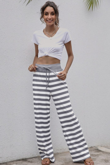 autumn new plus size stripes printing micro-elastic tie-waist wide-leg home casual pants
