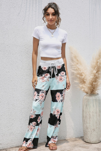 autumn new plus size flower and stripes printing micro-elastic tie-waist wide-leg home casual pants