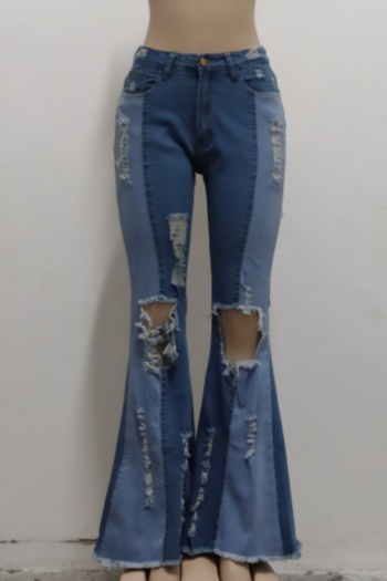Autumn new plus size contrast color spliced stretch high waist holes pockets stylish denim bell-bottoms