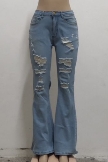 Autumn new plus size elastic high waist holes pockets stylish flare jeans (Without belt)