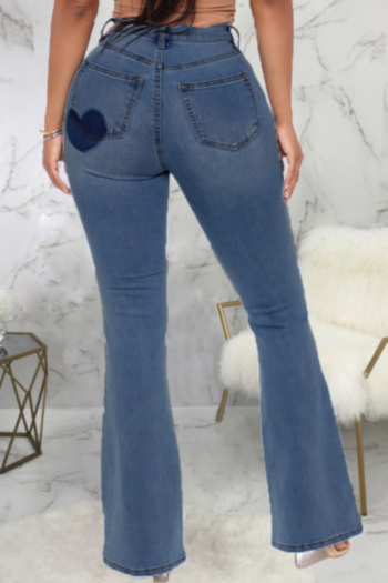 autumn winter new plus size heart pattern printing elastic high waist pockets flare jeans