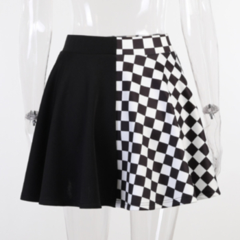 Houndstooth printing stitching solid color summer high-waisted skirt(no belt)