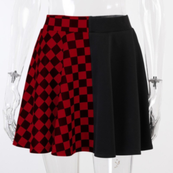 Houndstooth printing stitching solid color summer high-waisted skirt(no belt)