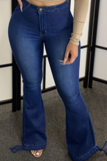 Autumn new plus size micro-elastic high waist lace-up stylish minimalist flare jeans