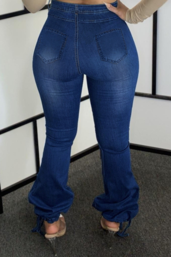Autumn new plus size micro-elastic high waist lace-up stylish minimalist flare jeans
