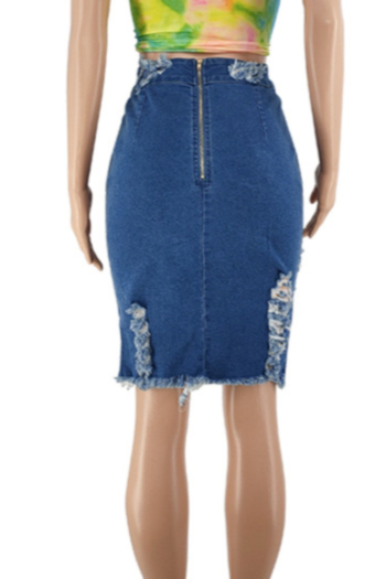New micro-elastic holes zip-up back raw ripped stylish denim skirt