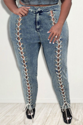 XL-4XL autumn new micro-elastic hollow eyelets lace-up stylish jeans
