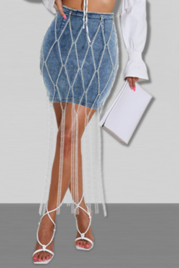new plus size micro-elastic eyelets metal-chain decor zip-up back stylish exquisite denim short skirt