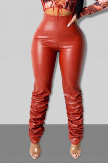 winter new solid color elastic high waist invisible zipper side ruched design stylish leather pants