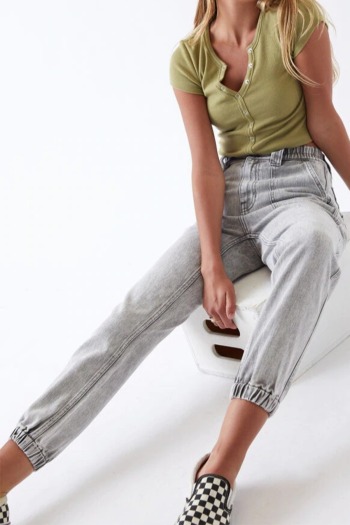 autumn new style plus-size high-waisted high-elastic pocket button zip-up slim solid color jeans