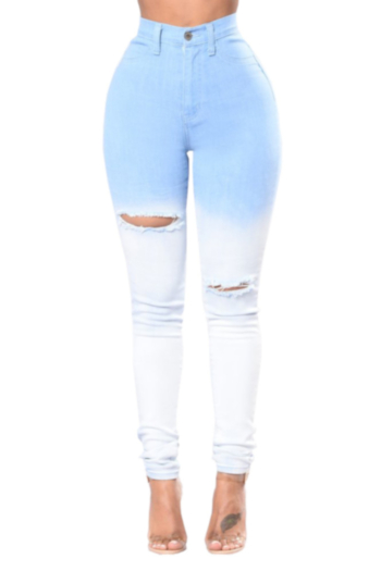 plus size new stylish gradual color printing holes stretch tight casual jeans