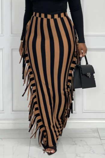 autumn new plus size vertical stripes printing stretch tassel stylish long skirt