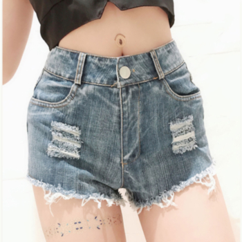 solid color plus-size button high-waisted hole pocket sexy raw edge lingerie hot shorts