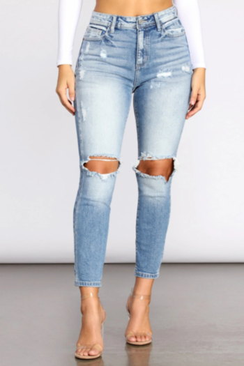 grunge style new plus size stretch slim casual ripped jeans